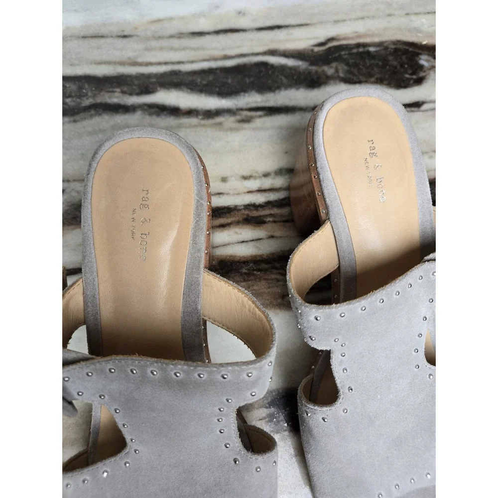 Rag & Bone Gray Suede Studded Open Toe Slip On Block Heels Sandals 37 Minimalist